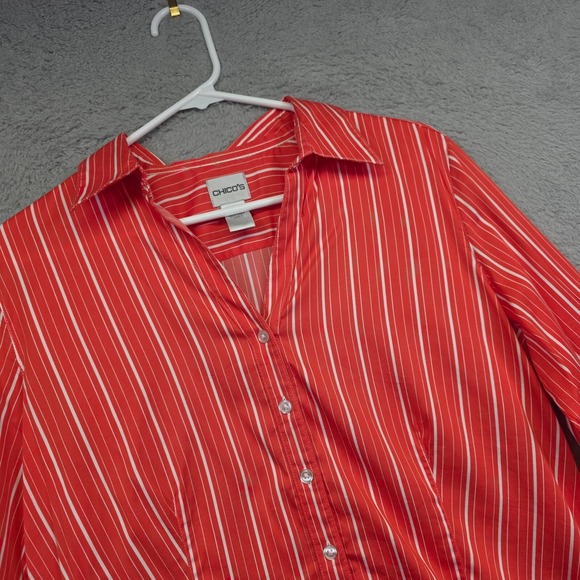 Chicos Top Womens 3 XL/16 Orange Button Up Striped Stretch Preppy Office Blouse - Picture 10 of 12
